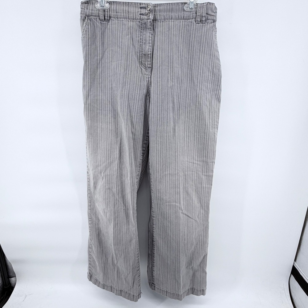 Denim‎ & Co. Womens Pants Large Gray Striped Stretch Elastic Waist Straight Leg